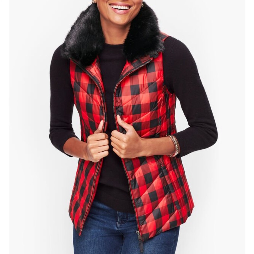 Buffalo plaid puffer jacket with faux fur